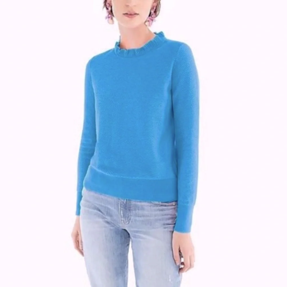 NWT J.Crew Blue Chevron Ruffle neck pullover XS azure. Cotton wool